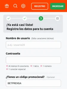 Campo de código promocional Betano con el código BETPRENSA en el registro