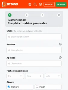 Formulario de Betano registro en Chile para completar datos personales